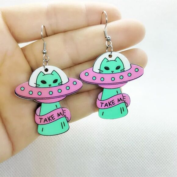 Pink and‎ Mint Green UFO Cat Acrylic Earrings - Picture 3 of 3